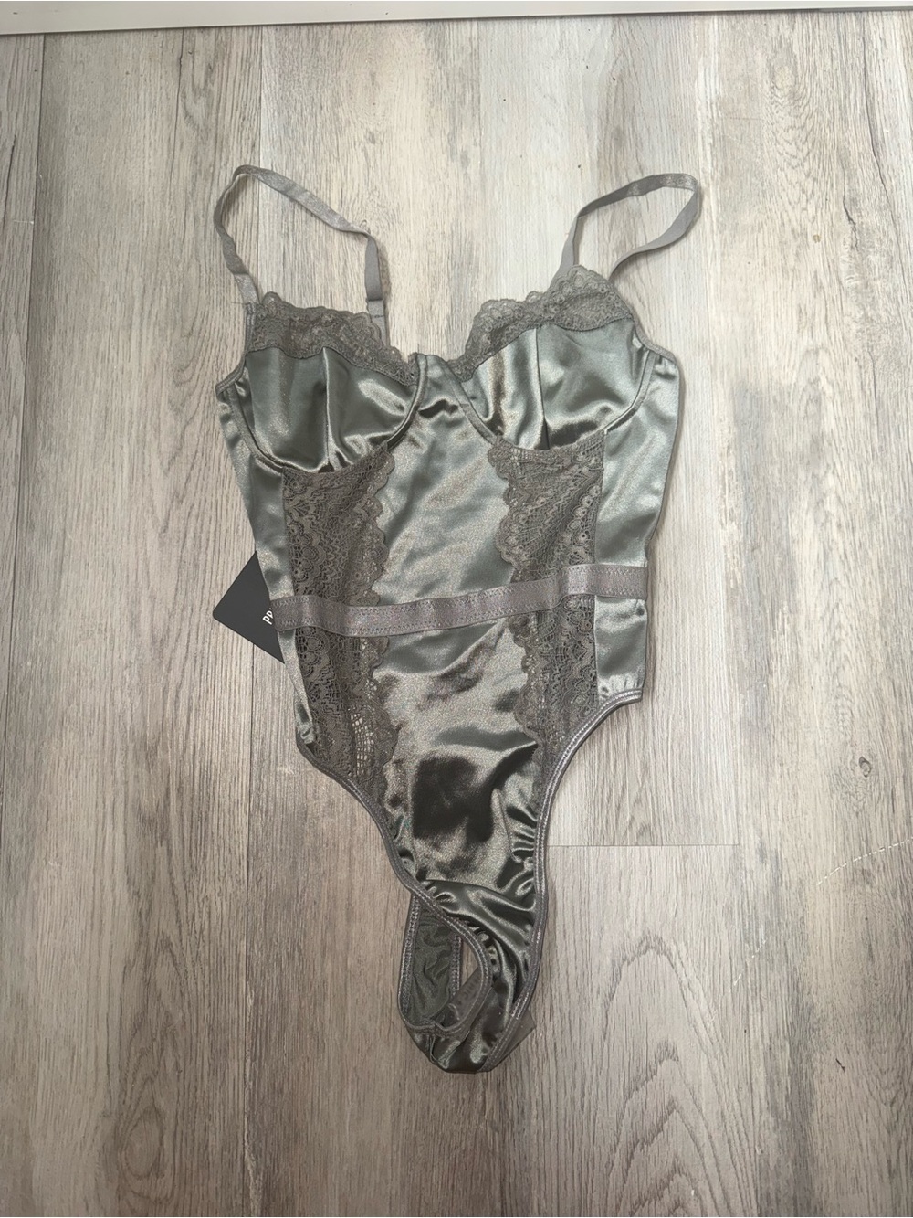 PrettyLittleThing Satin Lace-Trim Bodysuit in Sage
